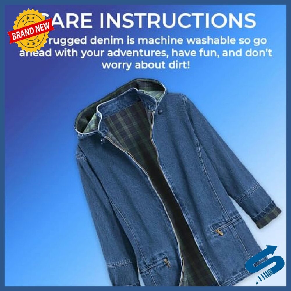 Flannel Lined Denim Jacket with Detachable Hood, Zip Pockets, 100% Cotton - Picture 6 of 8